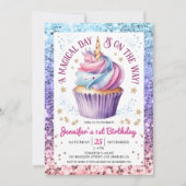 Eenhoorn 1e verjaardag Glitter Regenboog Cupcake Kaart (Voorkant)