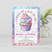 Eenhoorn 1e verjaardag Glitter Regenboog Cupcake Kaart (Staand voorkant)