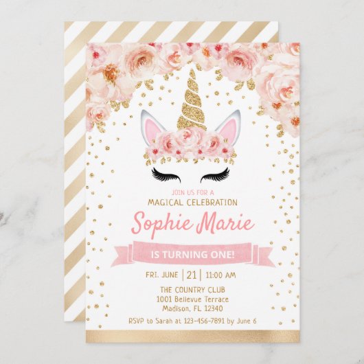 Eenhoorn 1e Verjaardag - Gold Pink Kaart (Voorkant / Achterkant)