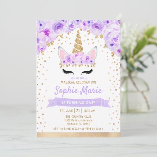 Eenhoorn 1e Verjaardag - Gouden Paarse Kaart (Staand voorkant)