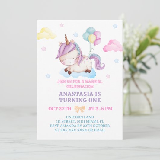 Eenhoorn 1e verjaardag pastel kleuren kaart (Staand voorkant)