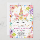 Eenhoorn 1e Verjaardag Roze Meisje Bloemen Regenbo Kaart (Voorkant)