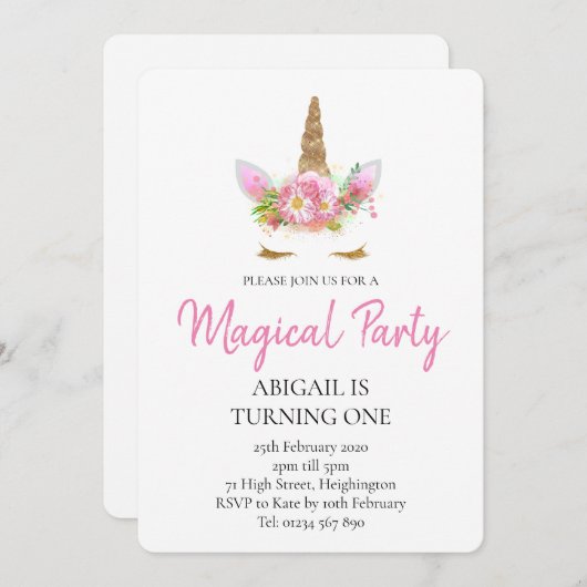 Eenhoorn 1e verjaardag uitnodiging (Voorkant / Achterkant)