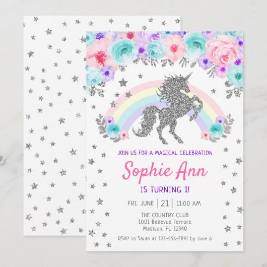 Eenhoorn 1e verjaardag - Zilver Blauwgroen Paarse  Kaart (Voorkant / Achterkant)