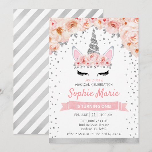 Eenhoorn 1e verjaardag - Zilver Roze Kaart (Voorkant / Achterkant)