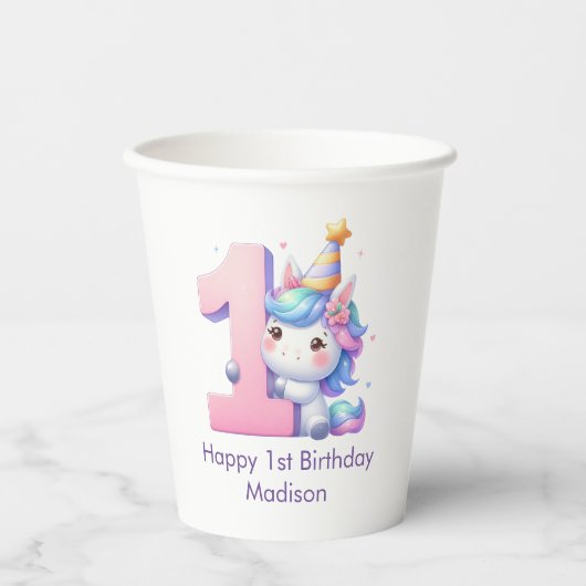 Eenhoorn 1e Verjaardagsfeest Meisjes Roze Paarse B Papieren Bekers (Voorkant)