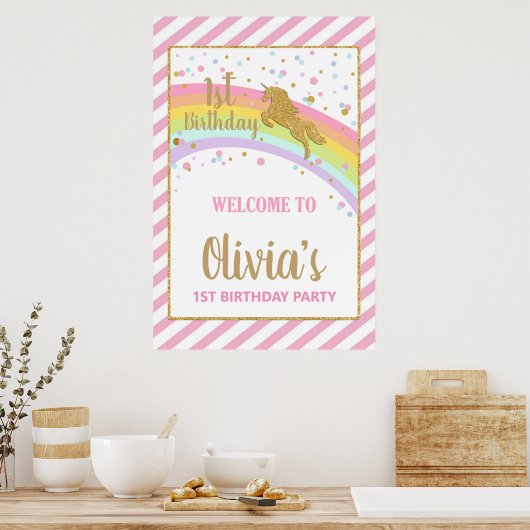 Eenhoorn 1e Verjaardagsfeest Welkom Achtergrond Ba Poster (Keuken)
