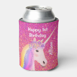 Eenhoorn 1e verjaardagsfeestje roze glitter monogr blikjeskoeler