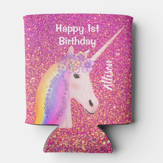 Eenhoorn 1e verjaardagsfeestje roze glitter monogr blikjeskoeler (Achterkant)