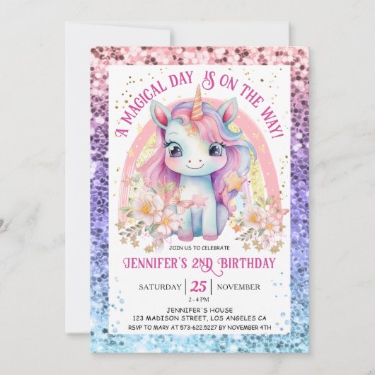 Eenhoorn 2e verjaardag Gouden Glitter Bloemen Rege Kaart (Voorkant)