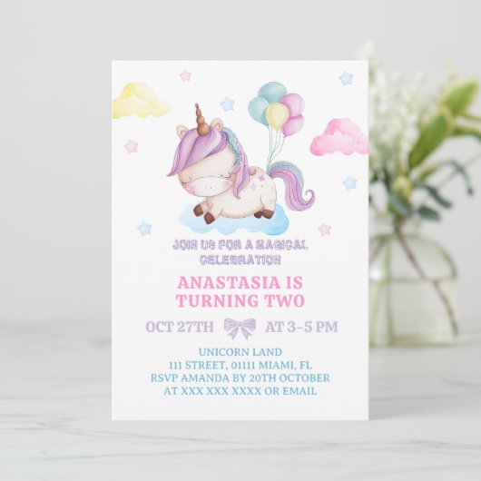 Eenhoorn 2e verjaardag regenboog kaart (Staand voorkant)