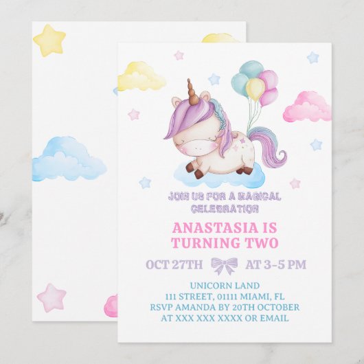 Eenhoorn 2e verjaardag regenboog kaart (Voorkant / Achterkant)