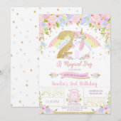 Eenhoorn 2e Verjaardag Uitnodiging Bloemen Regenbo (Voorkant / Achterkant)