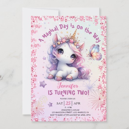 Eenhoorn 2e Verjaardagsfeestje Meisje Roze Paarse Kaart (Voorkant)