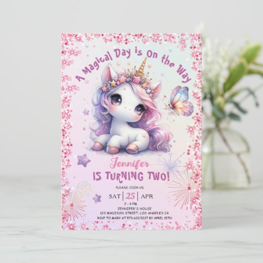 Eenhoorn 2e Verjaardagsfeestje Meisje Roze Paarse Kaart (Staand voorkant)