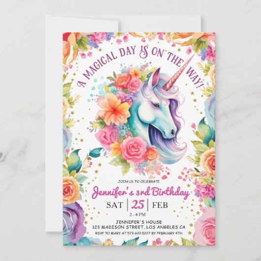 Eenhoorn 3e verjaardag Bloemen Regenboog en Sterre Kaart (Voorkant)