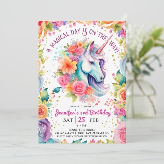 Eenhoorn 3e verjaardag Bloemen Regenboog en Sterre Kaart (Staand voorkant)