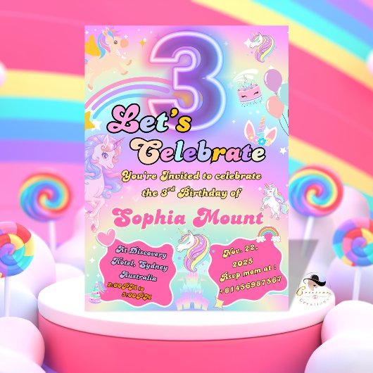 Eenhoorn 3e Verjaardag kinder Party Uitnodigingen 