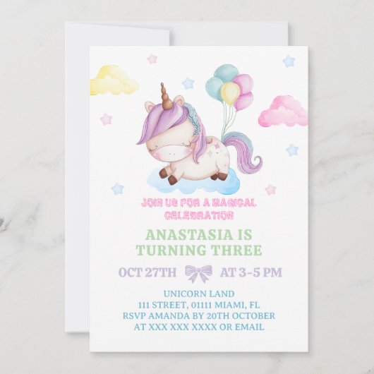 Eenhoorn 3e verjaardag Magisch feest Kaart (Voorkant)