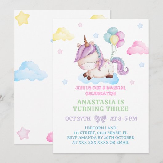 Eenhoorn 3e verjaardag Magisch feest Kaart (Voorkant / Achterkant)