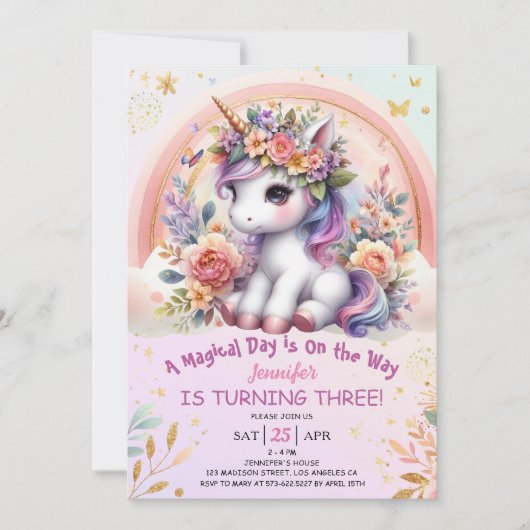 Eenhoorn 3e verjaardag Meisje Roze Bloemen Regenbo Kaart (Voorkant)