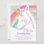 Eenhoorn 3e verjaardag regenboog feest kaart (Voorkant)
