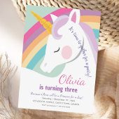Eenhoorn 3e verjaardag regenboog feest kaart