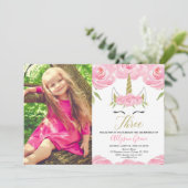 Eenhoorn 3e verjaardag roze gouden foto kaart (Staand voorkant)