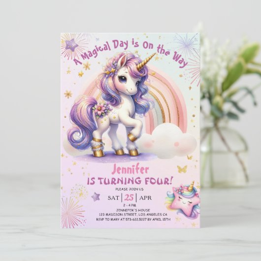 Eenhoorn 4e Verjaardag Meisje Paarse Gouden Regenb Kaart (Staand voorkant)