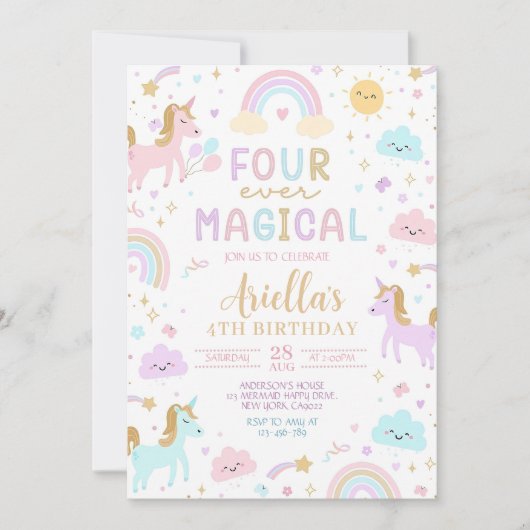 Eenhoorn 4e verjaardag uitnodiging, vier ooit magi kaart (Voorkant)