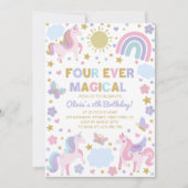 Eenhoorn 4e verjaardag uitnodiging, vier ooit magi kaart (Voorkant)