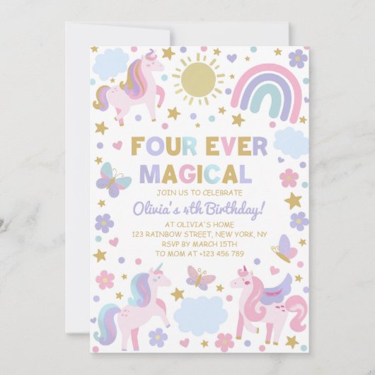 Eenhoorn 4e verjaardag uitnodiging, vier ooit magi kaart (Voorkant)