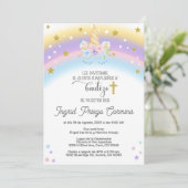 Eenhoorn 5 verjaardag en doop uitnodiging Spaans. (Staand voorkant)