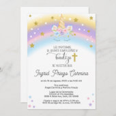 Eenhoorn 5 verjaardag en doop uitnodiging Spaans. (Voorkant / Achterkant)