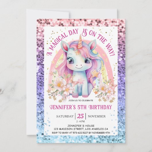 Eenhoorn 5e verjaardag Gouden Glitter Bloemen Rege Kaart (Voorkant)