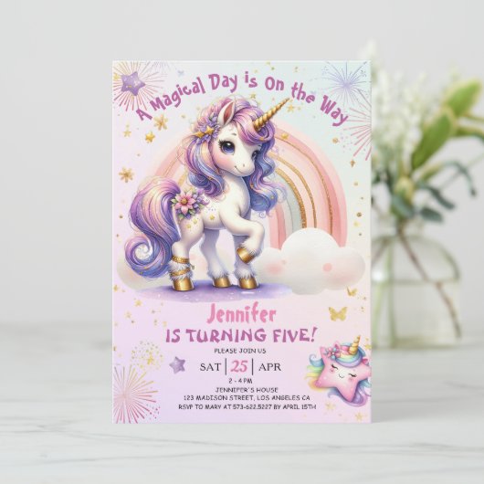 Eenhoorn 5e Verjaardag Meisje Paarse Regenboog Kaart (Staand voorkant)