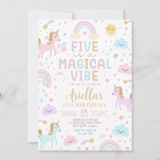 Eenhoorn 5e verjaardag uitnodiging, vijf is een ma kaart (Voorkant)