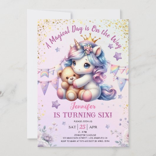 Eenhoorn 6e Verjaardag Invite Meisje Roze Goud Sch Kaart (Voorkant)