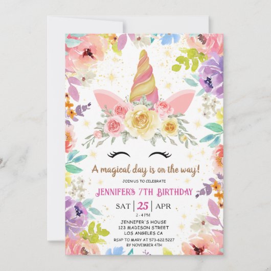 Eenhoorn 7e verjaardag Kleurrijke Bloemen Regenboo Kaart (Voorkant)