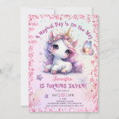 Eenhoorn 7e Verjaardagsfeestje Meisje Roze Paarse Kaart (Voorkant)