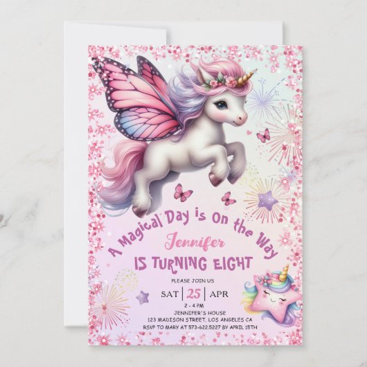 Eenhoorn 8e Verjaardag Meisje Roze Paarse Glitter Kaart (Voorkant)