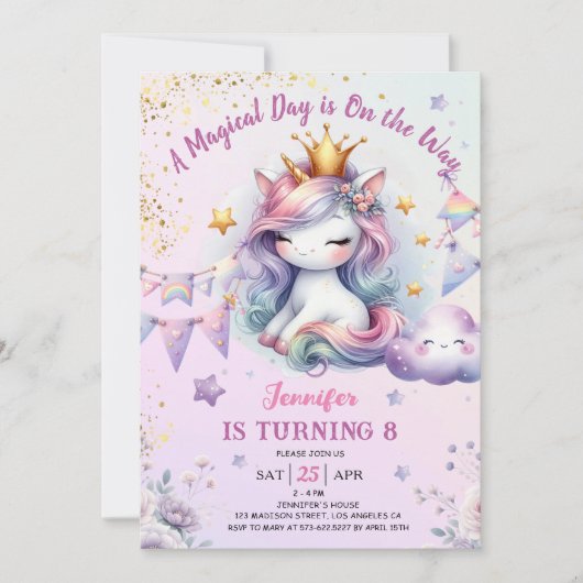 Eenhoorn 8e verjaardag uitnodigen Meisje Roze & Go Kaart (Voorkant)