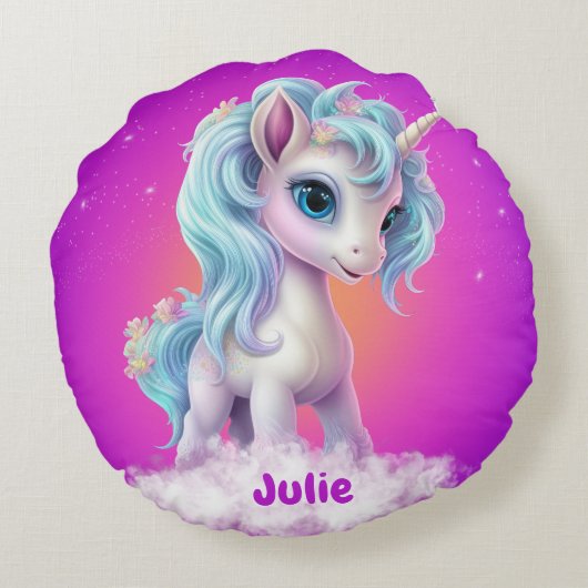Eenhoorn aangepaste naam rond kussen (Achterkant)
