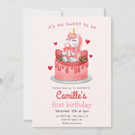 Eenhoorn aardbeien taart verjaardag kaart (Voorkant)