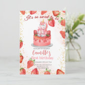 Eenhoorn aardbeien taart verjaardagsfeestje kaart (Staand voorkant)