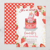 Eenhoorn aardbeien taart verjaardagsfeestje kaart (Voorkant / Achterkant)