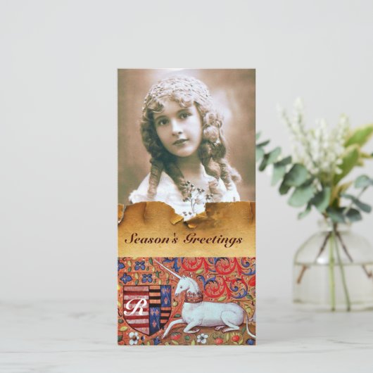 EENHOORN ANTIEK BRUIN BLOEMENPARCHEMEN MONOGRAM FEESTDAGENKAART (Staand voorkant)