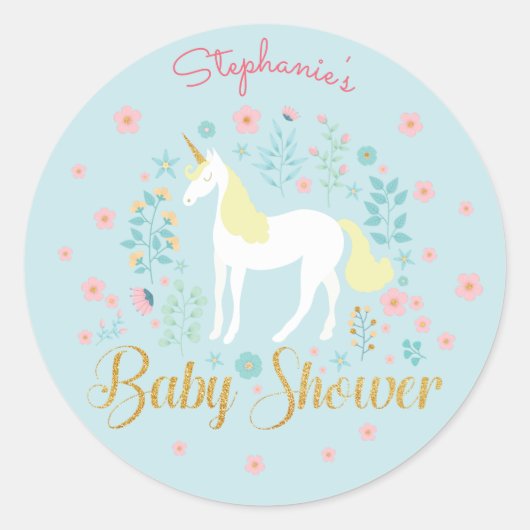  Eenhoorn Aqua Gold Glitter Baby shower Ronde Sticker (Voorkant)