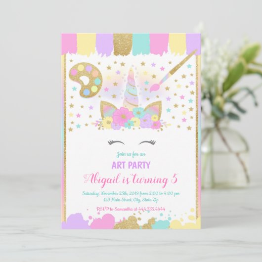 Eenhoorn Art Party Verjaardag Uitnodiging, Eenhoor Kaart (Staand voorkant)