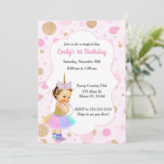 Eenhoorn Baby 1e verjaardag Uitnodiging 1 (Staand voorkant)